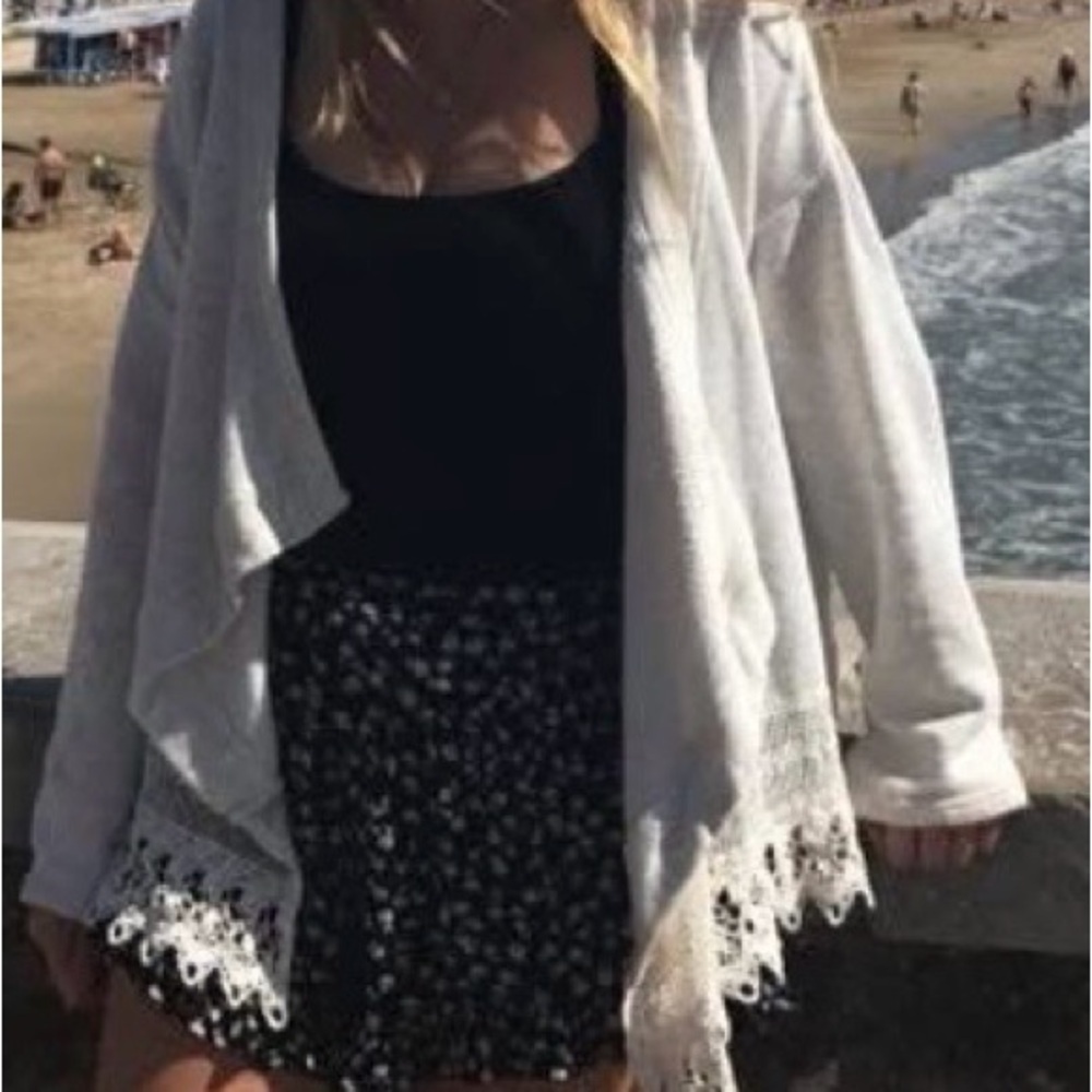Jack by BB Dakota Women's Lace Gray Ivory/Cream Open Front Knit Cardigan Sweater